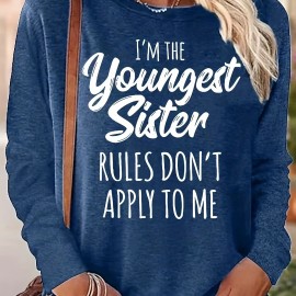 Younger Sister Print T-Shirt, Long Sleeve Crew Neck Casual Top For Fall & Spring, Women's Clothing