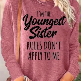 Younger Sister Print T-Shirt, Long Sleeve Crew Neck Casual Top For Fall & Spring, Women's Clothing