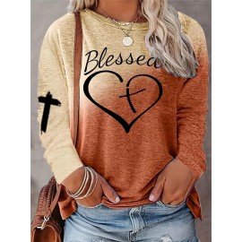 Letter & Heart Print T-shirt, Casual Long Sleeve Crew Neck T-shirt For Spring & Summer, Women's Clothing