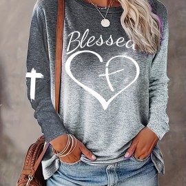 Letter & Heart Print T-shirt, Casual Long Sleeve Crew Neck T-shirt For Spring & Summer, Women's Clothing