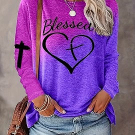 Letter & Heart Print T-shirt, Casual Long Sleeve Crew Neck T-shirt For Spring & Summer, Women's Clothing