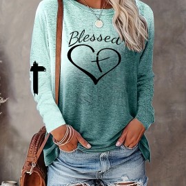 Letter & Heart Print T-shirt, Casual Long Sleeve Crew Neck T-shirt For Spring & Summer, Women's Clothing