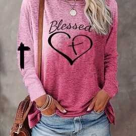 Letter & Heart Print T-shirt, Casual Long Sleeve Crew Neck T-shirt For Spring & Summer, Women's Clothing