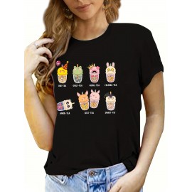 Cute Milk Tea Print T-shirt, Casual Short Sleeve Crew Neck Summer Top, Women's Clothing