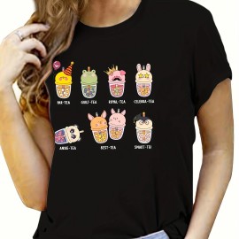 Cute Milk Tea Print T-shirt, Casual Short Sleeve Crew Neck Summer Top, Women's Clothing