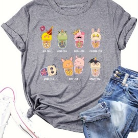 Cute Milk Tea Print T-shirt, Casual Short Sleeve Crew Neck Summer Top, Women's Clothing