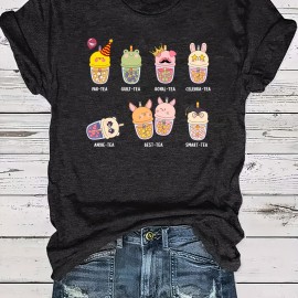 Cute Milk Tea Print T-shirt, Casual Short Sleeve Crew Neck Summer Top, Women's Clothing