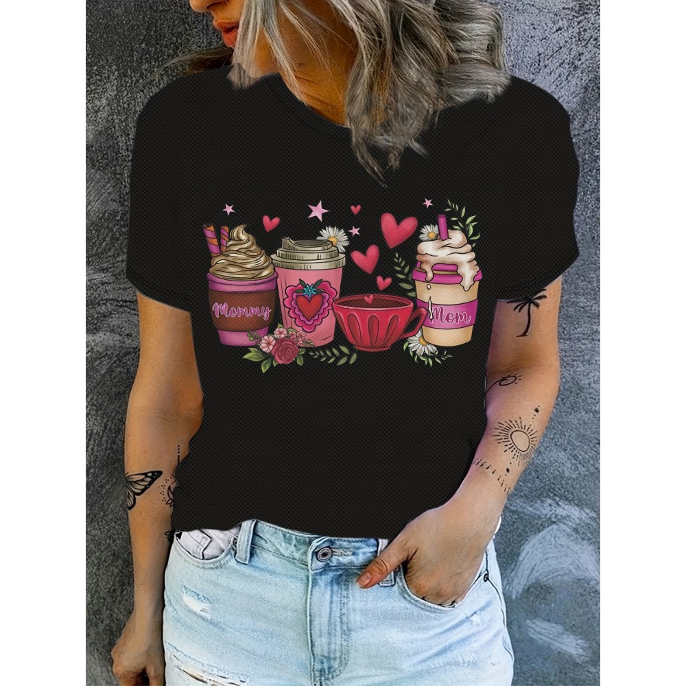 Coffee Print Crew Neck T-shirt, Casual Short Sleeve Top For Spring & Summer, Women's Clothing