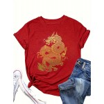 Dragon Print Crew Neck T-Shirt, Casual Short Sleeve Top For Spring & Summer, Women's Clothing