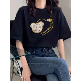 Bear & Heart Print Crew Neck T-Shirt, Casual Short Sleeve T-Shirt For Spring & Summer, Women's Clothing