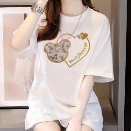 Bear & Heart Print Crew Neck T-Shirt, Casual Short Sleeve T-Shirt For Spring & Summer, Women's Clothing