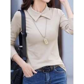 Solid Mock Neck T-Shirt, Casual Long Sleeve T-Shirt For Spring & Fall, Women's Clothing