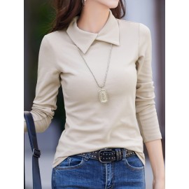 Solid Mock Neck T-Shirt, Casual Long Sleeve T-Shirt For Spring & Fall, Women's Clothing