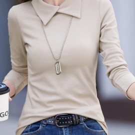 Solid Mock Neck T-Shirt, Casual Long Sleeve T-Shirt For Spring & Fall, Women's Clothing