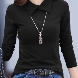 Solid Mock Neck T-Shirt, Casual Long Sleeve T-Shirt For Spring & Fall, Women's Clothing