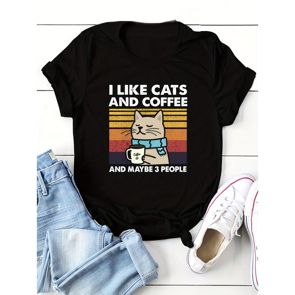 Cat & Coffee Print T-shirt, Casual Crew Neck Short Sleeve T-shirt, Women's Clothing