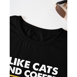 Cat & Coffee Print T-shirt, Casual Crew Neck Short Sleeve T-shirt, Women's Clothing