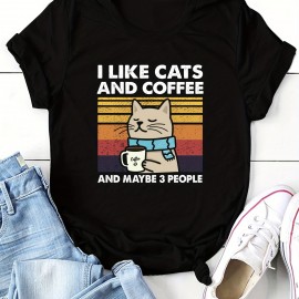 Cat & Coffee Print T-shirt, Casual Crew Neck Short Sleeve T-shirt, Women's Clothing