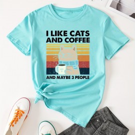 Cat & Coffee Print T-shirt, Casual Crew Neck Short Sleeve T-shirt, Women's Clothing