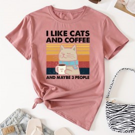 Cat & Coffee Print T-shirt, Casual Crew Neck Short Sleeve T-shirt, Women's Clothing