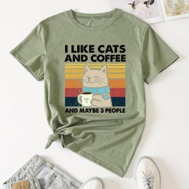 Cat & Coffee Print T-shirt, Casual Crew Neck Short Sleeve T-shirt, Women's Clothing