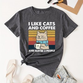 Cat & Coffee Print T-shirt, Casual Crew Neck Short Sleeve T-shirt, Women's Clothing