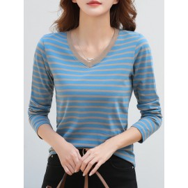 Striped Long Sleeve T-Shirt, V Neck Casual Top For Spring & Fall, Women's Clothing