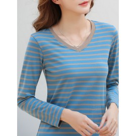 Striped Long Sleeve T-Shirt, V Neck Casual Top For Spring & Fall, Women's Clothing