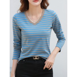 Striped Long Sleeve T-Shirt, V Neck Casual Top For Spring & Fall, Women's Clothing