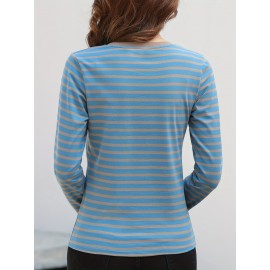 Striped Long Sleeve T-Shirt, V Neck Casual Top For Spring & Fall, Women's Clothing