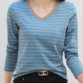 Striped Long Sleeve T-Shirt, V Neck Casual Top For Spring & Fall, Women's Clothing