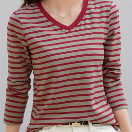 Striped Long Sleeve T-Shirt, V Neck Casual Top For Spring & Fall, Women's Clothing