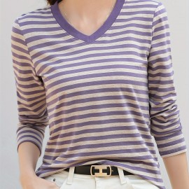 Striped Long Sleeve T-Shirt, V Neck Casual Top For Spring & Fall, Women's Clothing