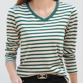 Striped Long Sleeve T-Shirt, V Neck Casual Top For Spring & Fall, Women's Clothing