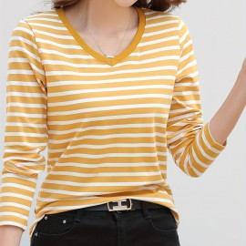 Striped Long Sleeve T-Shirt, V Neck Casual Top For Spring & Fall, Women's Clothing