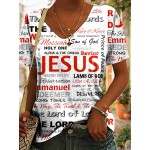 Jesus Letter Full Print T-shirt, Casual V Neck Short Sleeve T-shirt For Spring & Summer, Women's Clothing