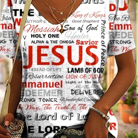 Jesus Letter Full Print T-shirt, Casual V Neck Short Sleeve T-shirt For Spring & Summer, Women's Clothing