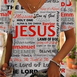 Jesus Letter Full Print T-shirt, Casual V Neck Short Sleeve T-shirt For Spring & Summer, Women's Clothing