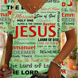 Jesus Letter Full Print T-shirt, Casual V Neck Short Sleeve T-shirt For Spring & Summer, Women's Clothing