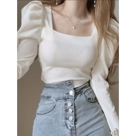 Solid Color Square Neck T-Shirt, Chic Puff Long Sleeve T-Shirt For Spring & Fall, Women's Clothing