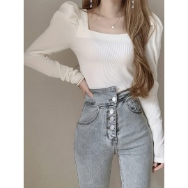 Solid Color Square Neck T-Shirt, Chic Puff Long Sleeve T-Shirt For Spring & Fall, Women's Clothing