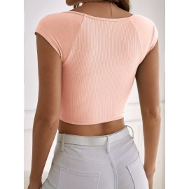 Ribbed Square Neck Crop T-Shirt, Casual Cap Sleeve Top For Spring & Summer, Women's Clothing