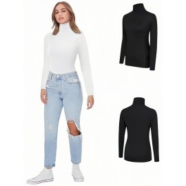 2 Packs Warm Turtleneck T-Shirts, Casual Long Sleeve Top For Spring & Fall, Women's Clothing