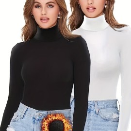 2 Packs Warm Turtleneck T-Shirts, Casual Long Sleeve Top For Spring & Fall, Women's Clothing