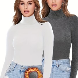 2 Packs Warm Turtleneck T-Shirts, Casual Long Sleeve Top For Spring & Fall, Women's Clothing