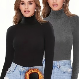 2 Packs Warm Turtleneck T-Shirts, Casual Long Sleeve Top For Spring & Fall, Women's Clothing