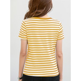 Striped Print Crew Neck T-Shirt, Casual Short Sleeve T-Shirt For Spring & Summer, Women's Clothing