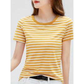 Striped Print Crew Neck T-Shirt, Casual Short Sleeve T-Shirt For Spring & Summer, Women's Clothing