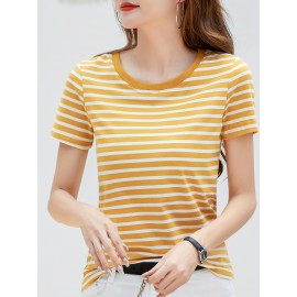 Striped Print Crew Neck T-Shirt, Casual Short Sleeve T-Shirt For Spring & Summer, Women's Clothing