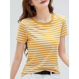 Striped Print Crew Neck T-Shirt, Casual Short Sleeve T-Shirt For Spring & Summer, Women's Clothing